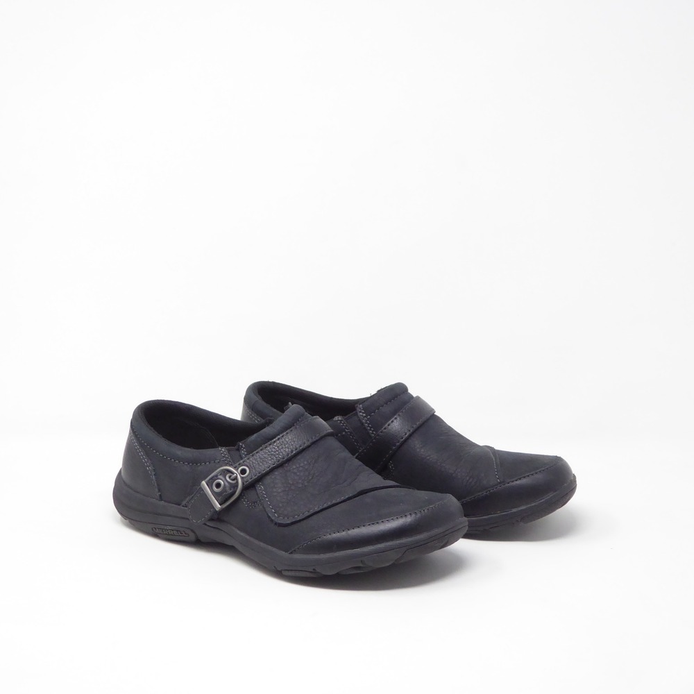 Merrell Dassie Buckle Women Slip On Shoes Black Leather Strap J69078 Size 6.5